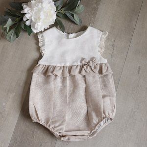 Linen Romper Baby Girls Boutique Flax/Khaki Vintage Lace Portrait Vacation NWT